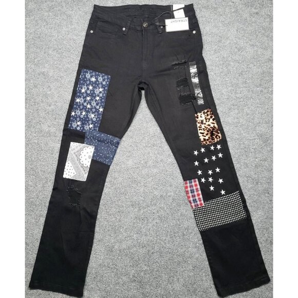 Rue21 Jeans Mens 32X34 Black Denim Supreme Flex Straight Distressed Patches New - Picture 1 of 12
